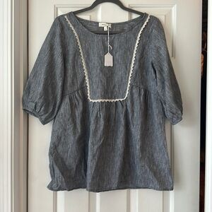 Hailey & co black white linen cotton blend puff sleeve lace bib detail medium